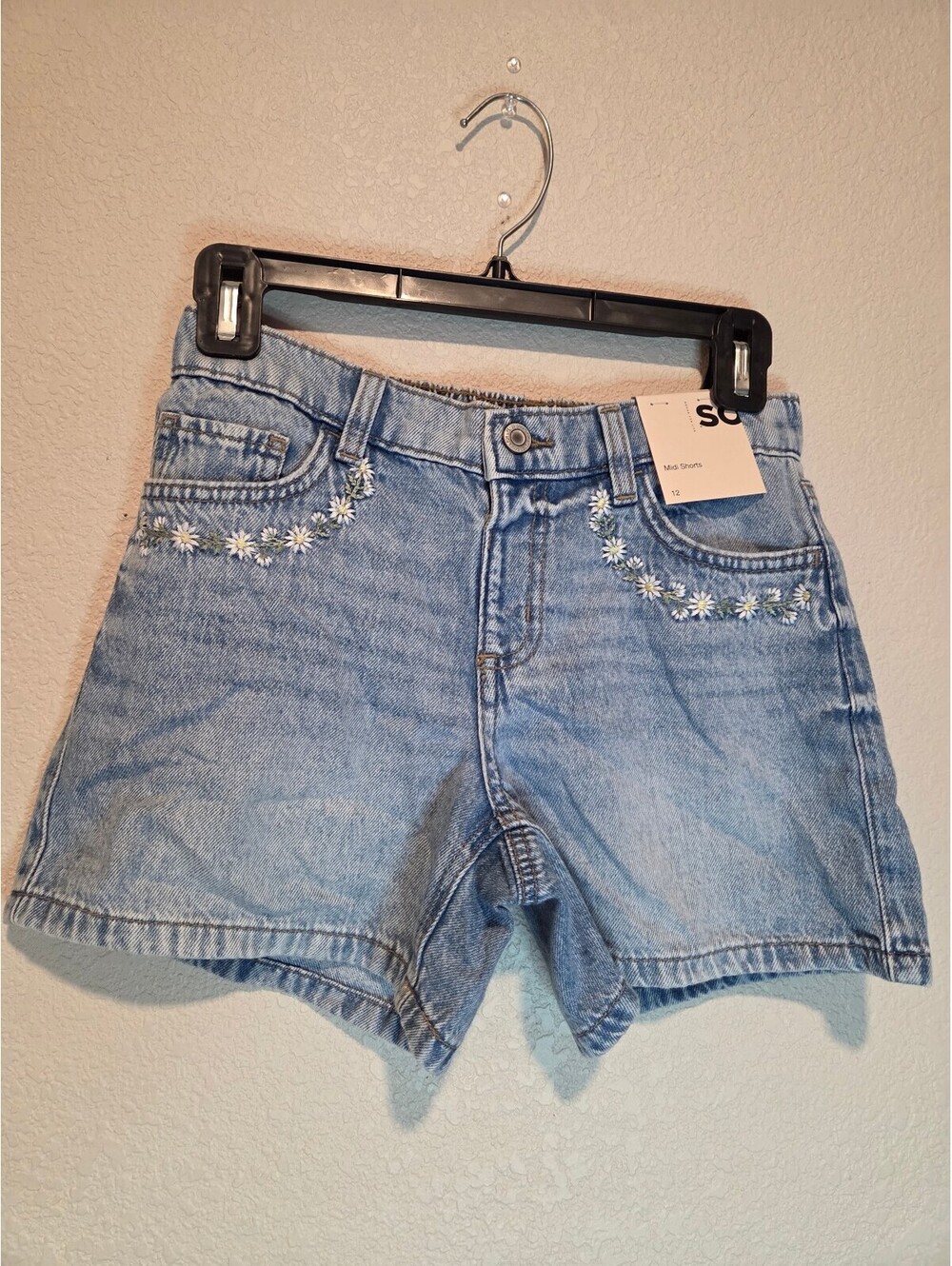 SO Girls Light Blue Denim Shorts with Daisy Embroidery, Size 12